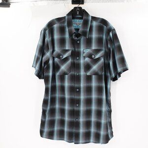 Dixxon Flannel Shirt Mens medium Fifth Ave Short Sleeve Plaid Teal Black Bamboo
